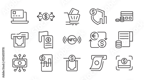 Payments line icon set. money, receipt, invoice, document, atm, cash, coins, credit card, wallet, savings, finance, growth, investments line icon set. Ui thin line icon pack.