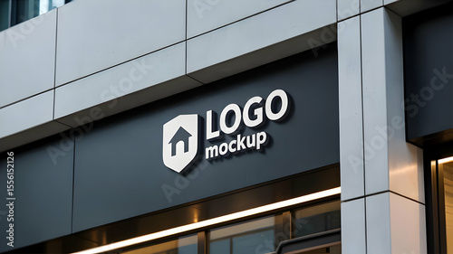 Close up of a logo mockup sign with a house icon on a gray building exterior during the daytime