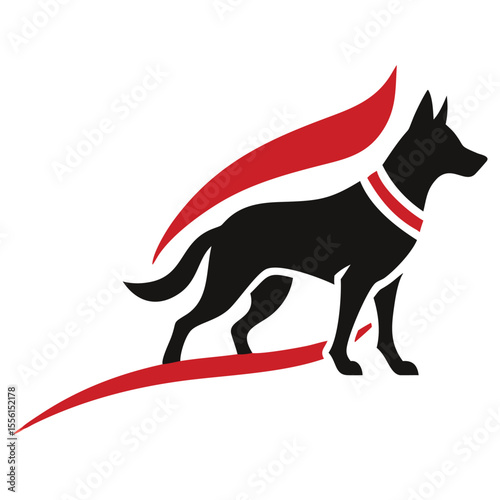Striking black silhouette showcases a poised dog wearing a distinct red collar emblem
