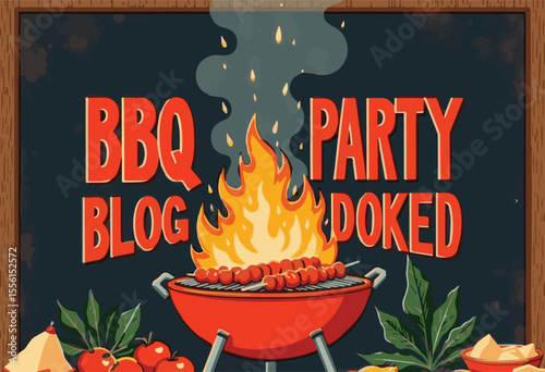 Vector illustration of a BBQ party with grilled meat, sausages, fire, and barbecue tools. Ideal for summer cookout posters, food promotions, restaurant menus, backyard parties, and outdoor cooking.