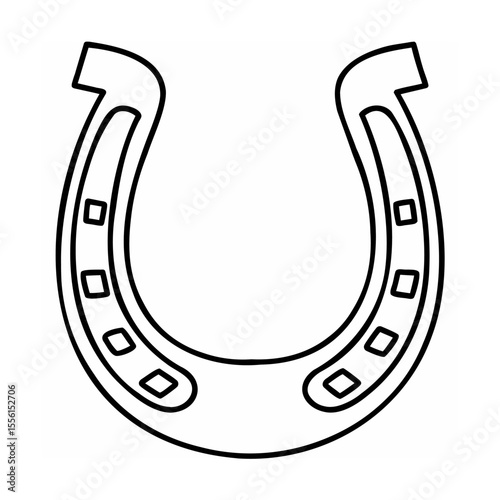 Simple black and white outline illustration of a traditional lucky horseshoe isolated