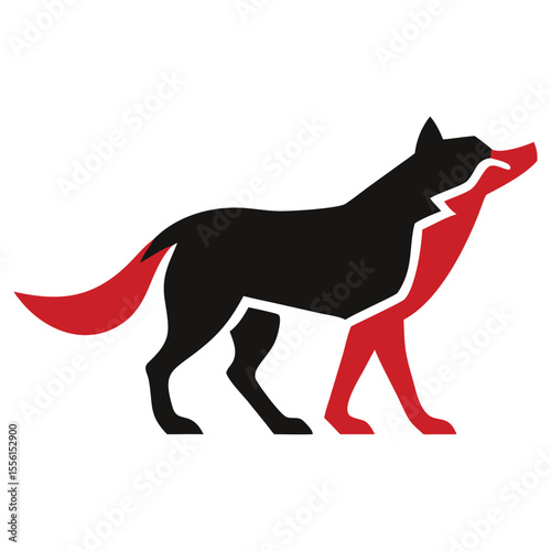 A wolf outlined in black and red walks across the frame, isolated on white