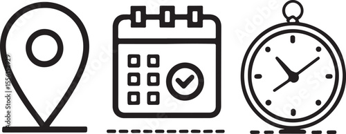 Map Pin, Stopwatch, and Calendar Icons – Web Interface Symbol Set.AI/EPS/PNG/JPEG