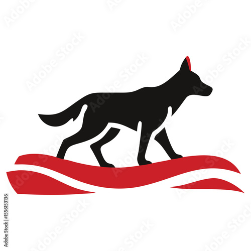 Stylized wolf silhouette gracefully treads over stylized red waves on a white transparent background