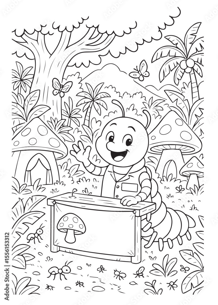 Fototapeta premium Coloring book page of a millipede at stand market jungle