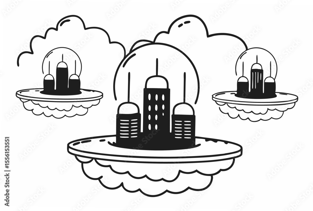 Naklejka premium Dreamlike AI District Vector Illustration with Floating Platforms and Futuristic Architecture vibrant