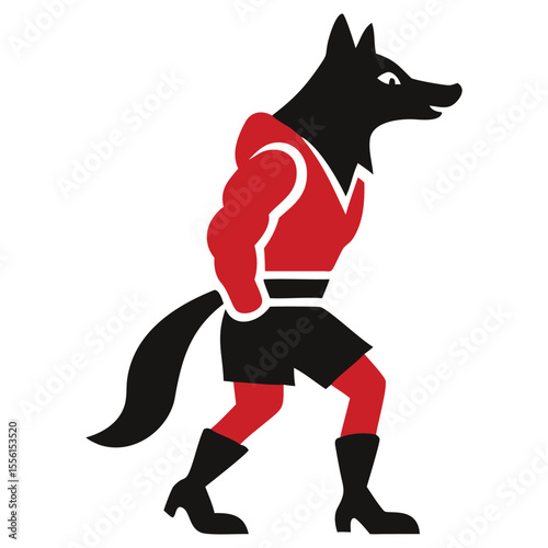 Black wolf with muscular body wears red jacket while walking with determination on a transparent background
