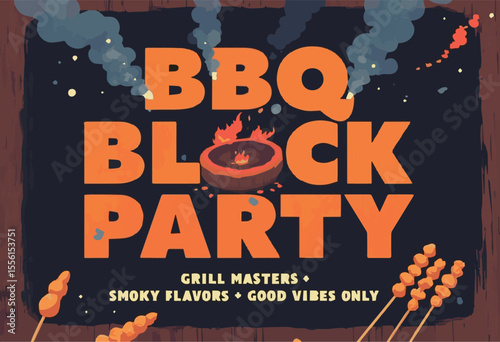 Vector illustration of a BBQ party with grilled meat, sausages, fire, and barbecue tools. Ideal for summer cookout posters, food promotions, restaurant menus, backyard parties, and outdoor cooking.