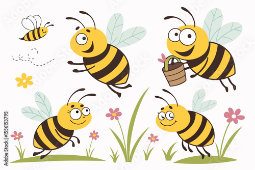 Smiling Bees on the Go – Cartoon Insect Set