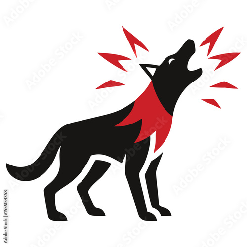 illustration shows a stylized black wolf howling with red sound bursts on white
