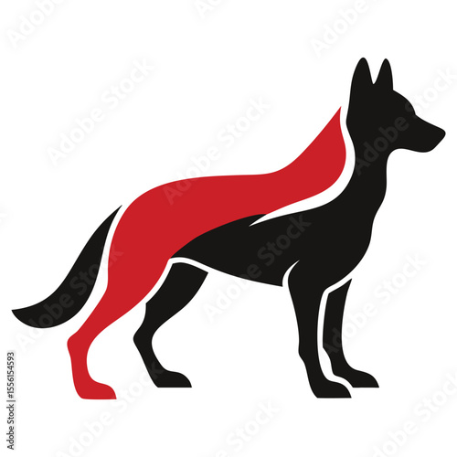 Black dog outline with red color blocks creates a striking minimalistic profile silhouette