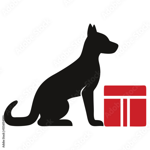 Black silhouette of a dog calmly sits beside a simple red box shape