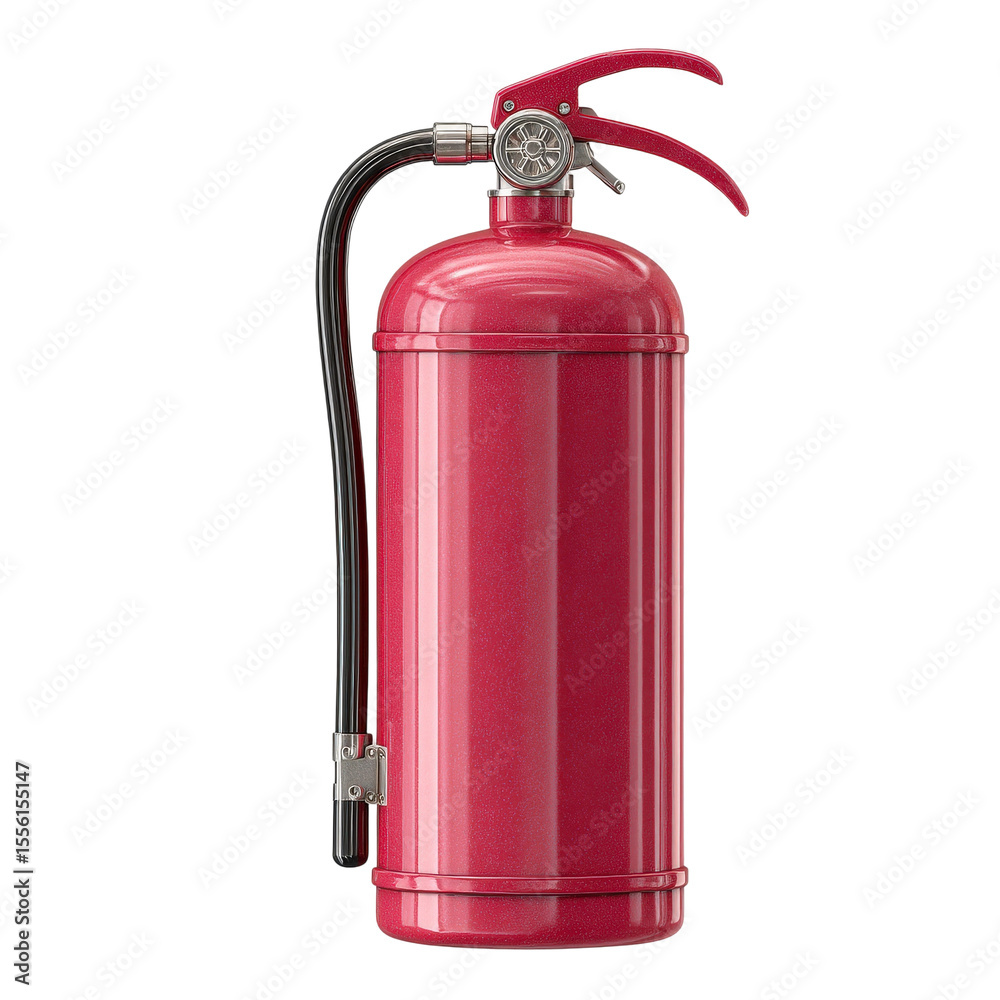 Obraz premium Bright Red Fire Extinguisher Standing Vertically on White Background, Essential Safety Equipment for Fire Prevention and Emergency Situations