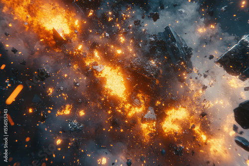 Close up abstract view of glowing embers and sparks scattered across a dark textured surface with a shallow depth of field