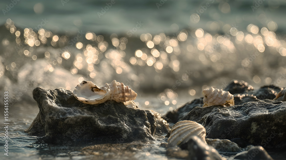 Fototapeta premium Seashells on rocks by the ocean at sunset