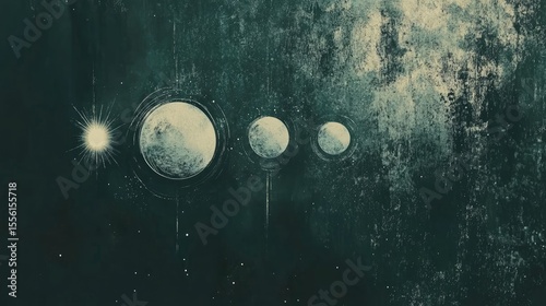 Celestial bodies in a dark, textured backdrop.