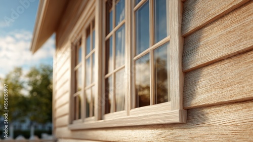 Wooden house with elegant windows reflecting sunlight in a serene outdoor setting during early evening hours