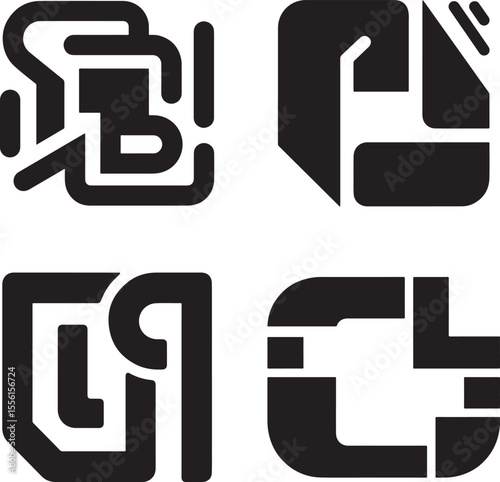 A set of four stylish, black and white abstract technology icons