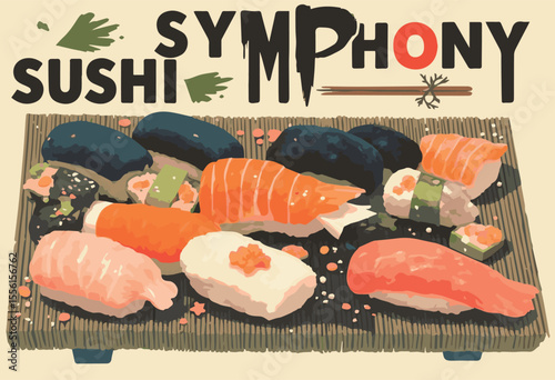 Vector illustration of assorted sushi rolls with chopsticks, soy sauce, and wasabi. Ideal for Japanese restaurant menus, food posters, Asian cuisine promotions, and traditional sushi-themed designs.

