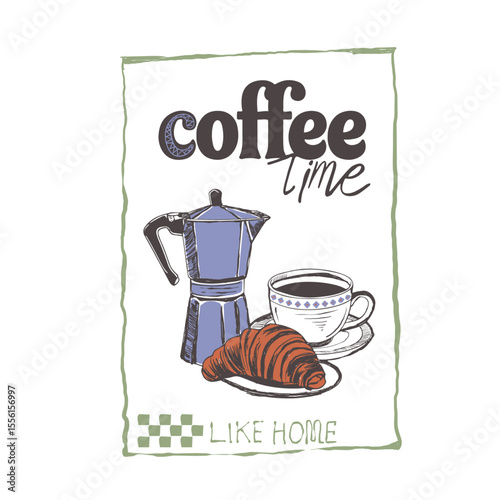 hand drawn Vintage Coffee Scene With Moka Pot And Croissant, t shirt design. brackfast graphics.
