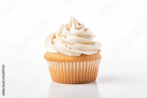Cupcake à la vanille avec glaçage crémeux en spirale et éclats décoratifs, présentation isolée sur fond blanc uni avec éclairage doux
