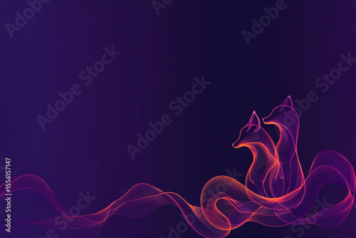 Deux renards stylisés en lignes lumineuses colorées sur fond violet foncé avec dégradé fluide et espace négatif copyspace, composition abstraite à l’esthétique épurée