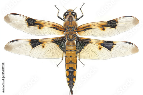  Libellule en flat lay avec ailes étendues sur fond blanc uni, composition symétrique précise et éclairage doux mettant en valeur les détails du motif naturel