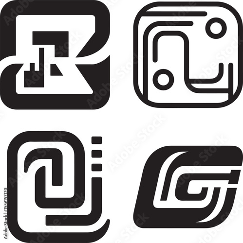 A set of four stylish, black and white abstract technology icons