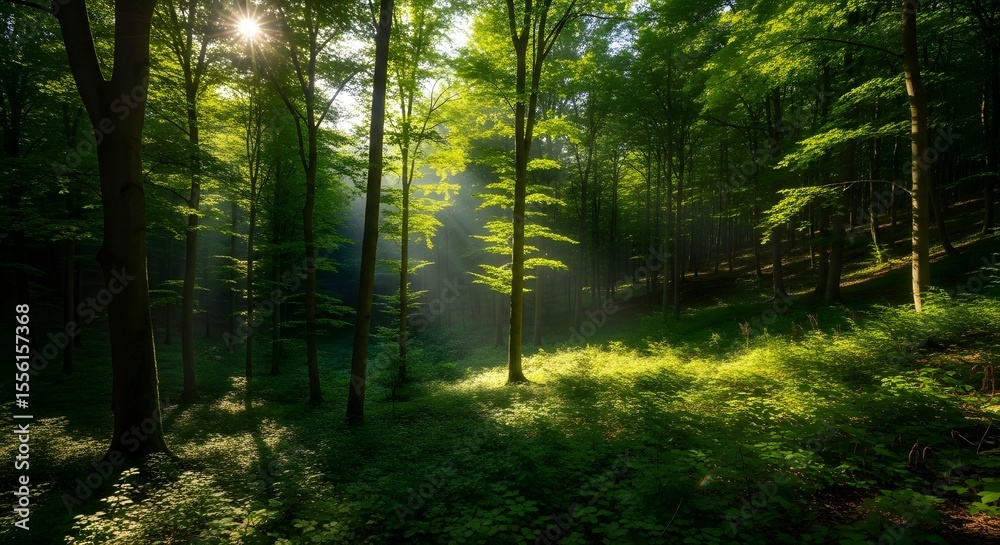 Fototapeta premium Sunlit forest scene with green foliage dense trees and light rays shining through