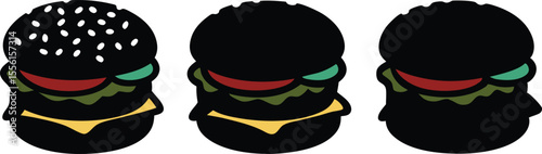 Colorful burger vector set with black buns and layered food elements