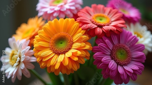 A close-up photograph of a bouquet of colorful flowers in full bloom, with dewdrops on the petals