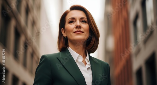 Woman in green suit white shirt looks upward city building backdrop