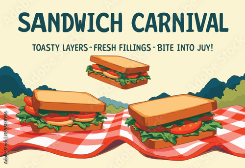 Vector illustration of a delicious sandwich with layers of meat, cheese, lettuce, and tomato. Ideal for food posters, fast food menus, restaurant promotions, cafe designs, and tasty lunch artwork.


