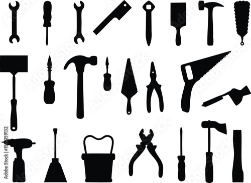 Silhouette vector set of various hand tools for construction and repair on white background