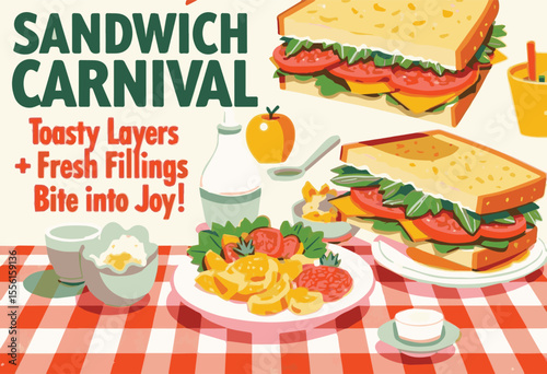 Vector illustration of a delicious sandwich with layers of meat, cheese, lettuce, and tomato. Ideal for food posters, fast food menus, restaurant promotions, cafe designs, and tasty lunch artwork.

