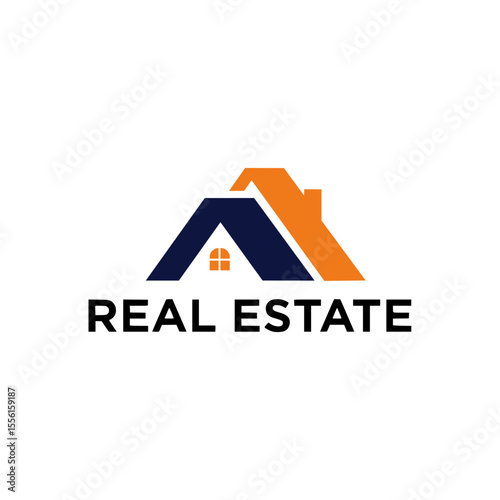 Real estate company logo with modern blue and orange rooftops. Clean, bold, and professional design.