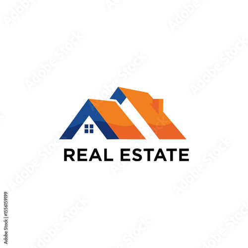 Modern house logo with orange and blue rooftops, ideal for real estate or construction business branding.