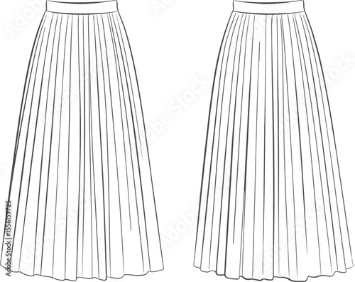 Long pleated skirt fashion flat, technical vector drawing, front and back view, classic design, apparel template, skirt illustration design

 flat vector illustration