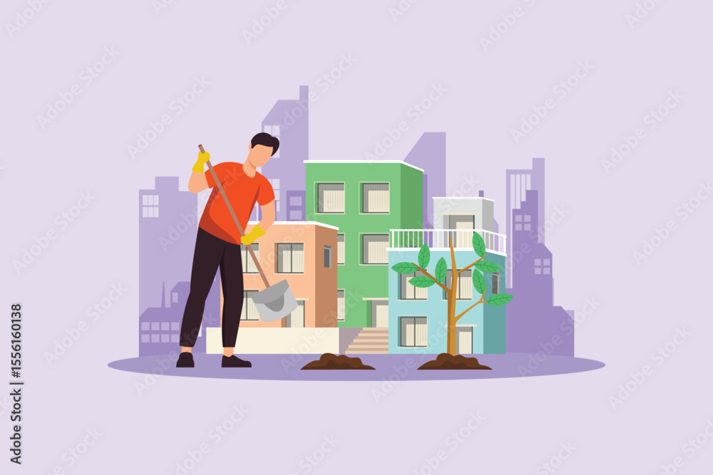 Fototapeta premium Planting tree in city Concept. Colored flat vector illustration isolated