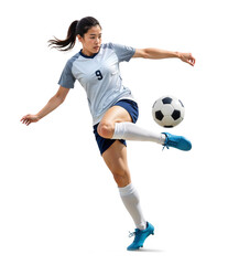 Pro female soccer player doing a midair ball control with her leg on isolated background