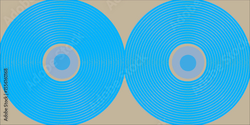 Abstract design with two blue concentric circle patterns on a beige background, creating a hypnotic and symmetrical visual effect.