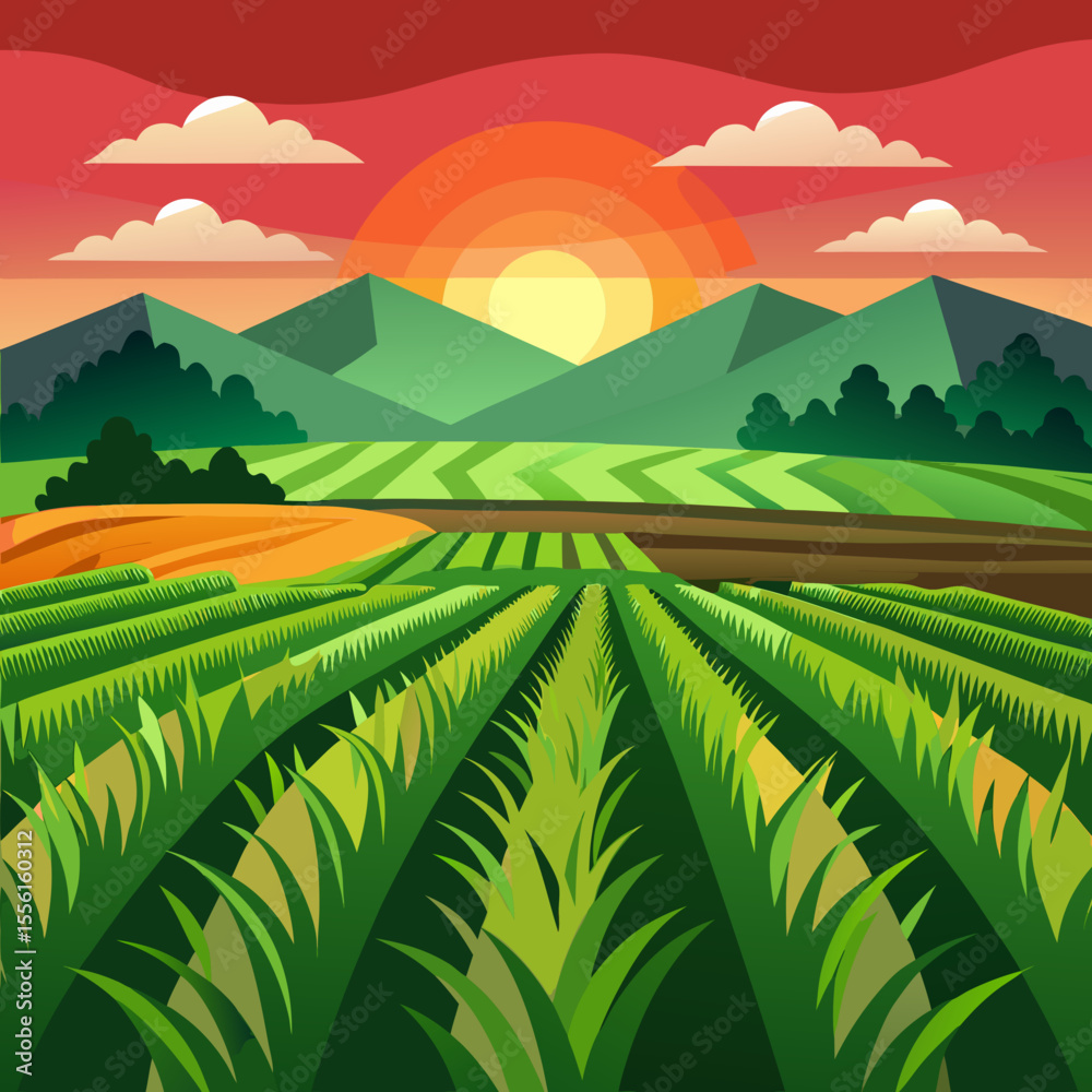 Obraz premium Vibrant Farm Landscape at Sunset A Colorful Illustration of Agriculture Nature and Peaceful Rural Scenery with Fields Mountains Clouds and a Bright Setting Sun