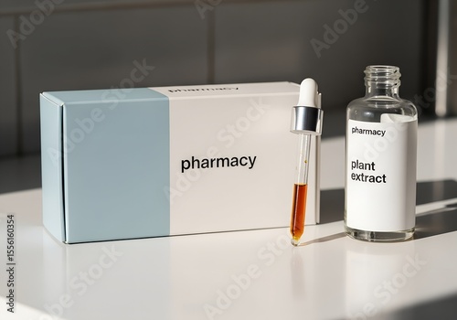 Pharmacy packaging with plant extract bottle and dropper on table  