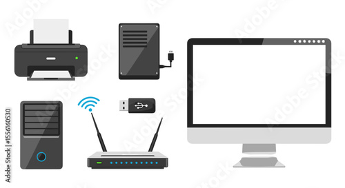 Illustration of a computer monitor, printer, router, usb drive and other devices