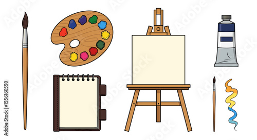 Illustration of art supplies including an easel, paint, brushes, and a sketchbook