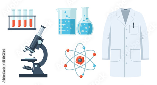 Illustration of laboratory equipment including test tubes microscope and lab coat