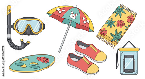 Collection of beach essentials including a snorkel set, umbrella, and other items