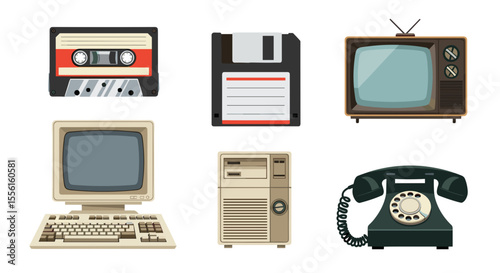 Illustration of vintage technology including a cassette tape, floppy disk, and tv set