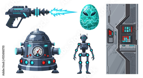 Illustration of a ray gun, alien egg, robot, machine and a robot like fire hydrant