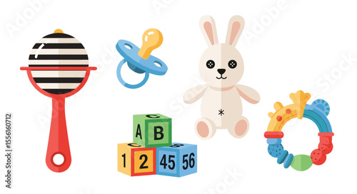 Illustration of baby toys including a rattle, pacifier, blocks, and a stuffed bunny toy